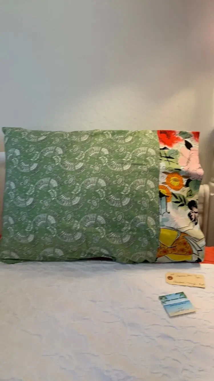 Handmade Standard Pillowcase, Green Japanese Fans & Floral Print